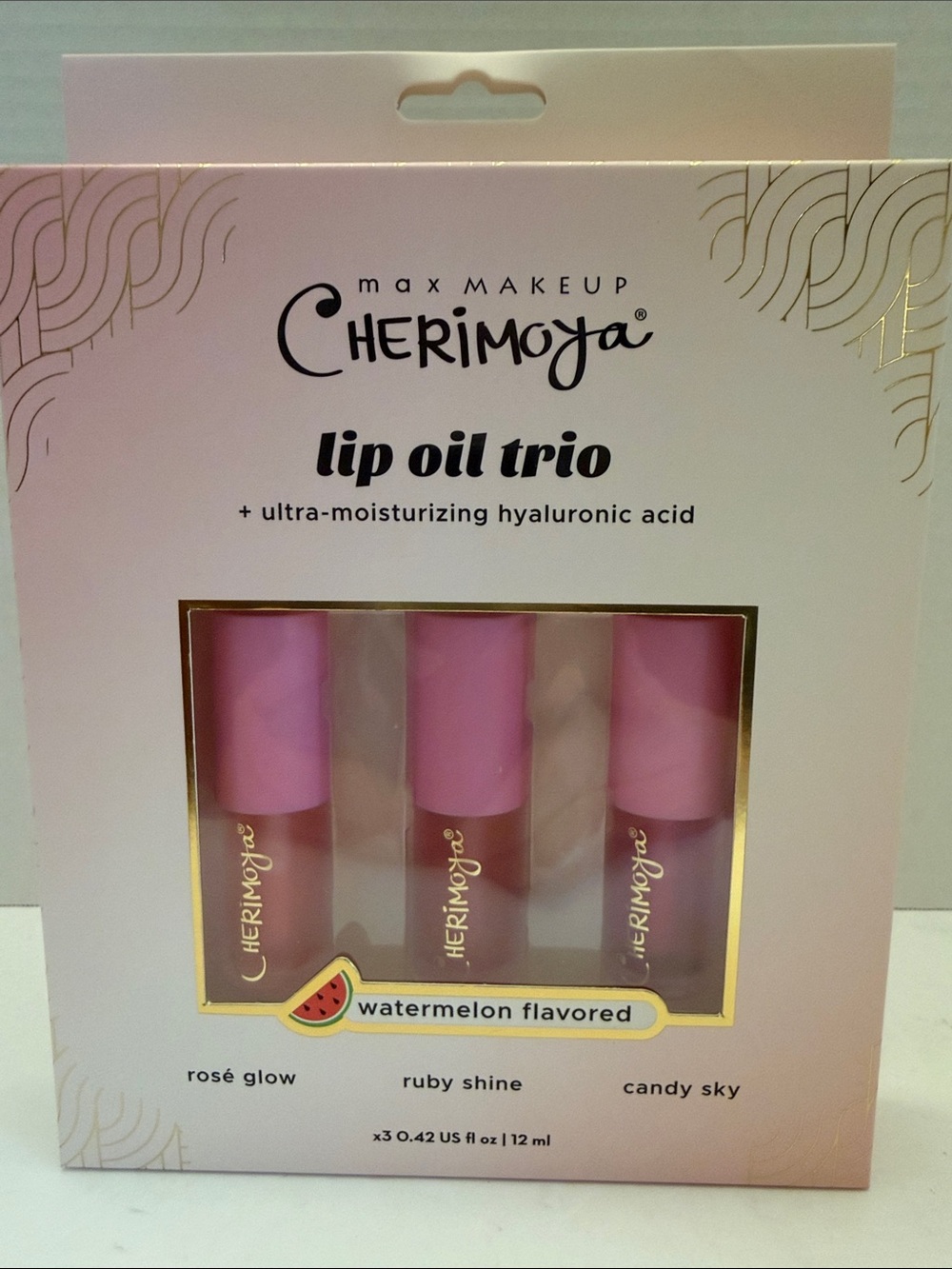 Max Makeup Lip Oil Trio - Shades (Rosé Glow, Ruby Shine, Candy Sky) Watermelon